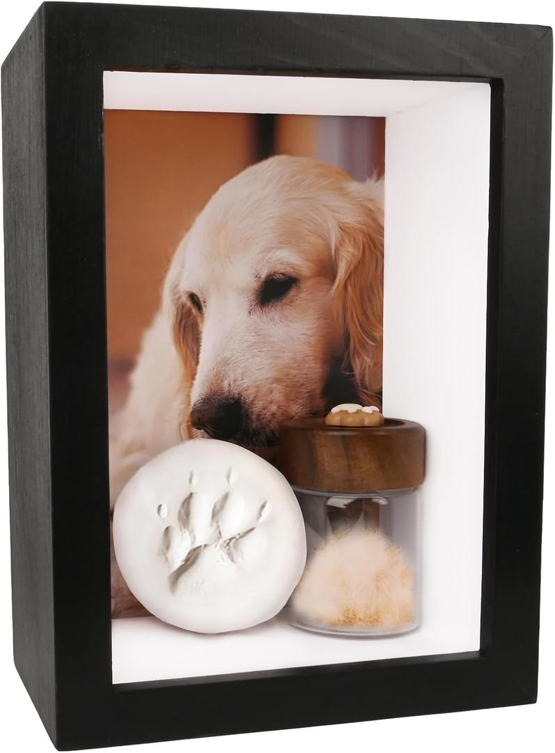 Dog Memorial Shadow Box Frame 5x7 with Paw Print Kit and Fur Keepsake Box Small Pet Memorial Frame Box for Dogs and Cats that Passed Pet Death Sympathy and Remembrance Gift for Pet Owners