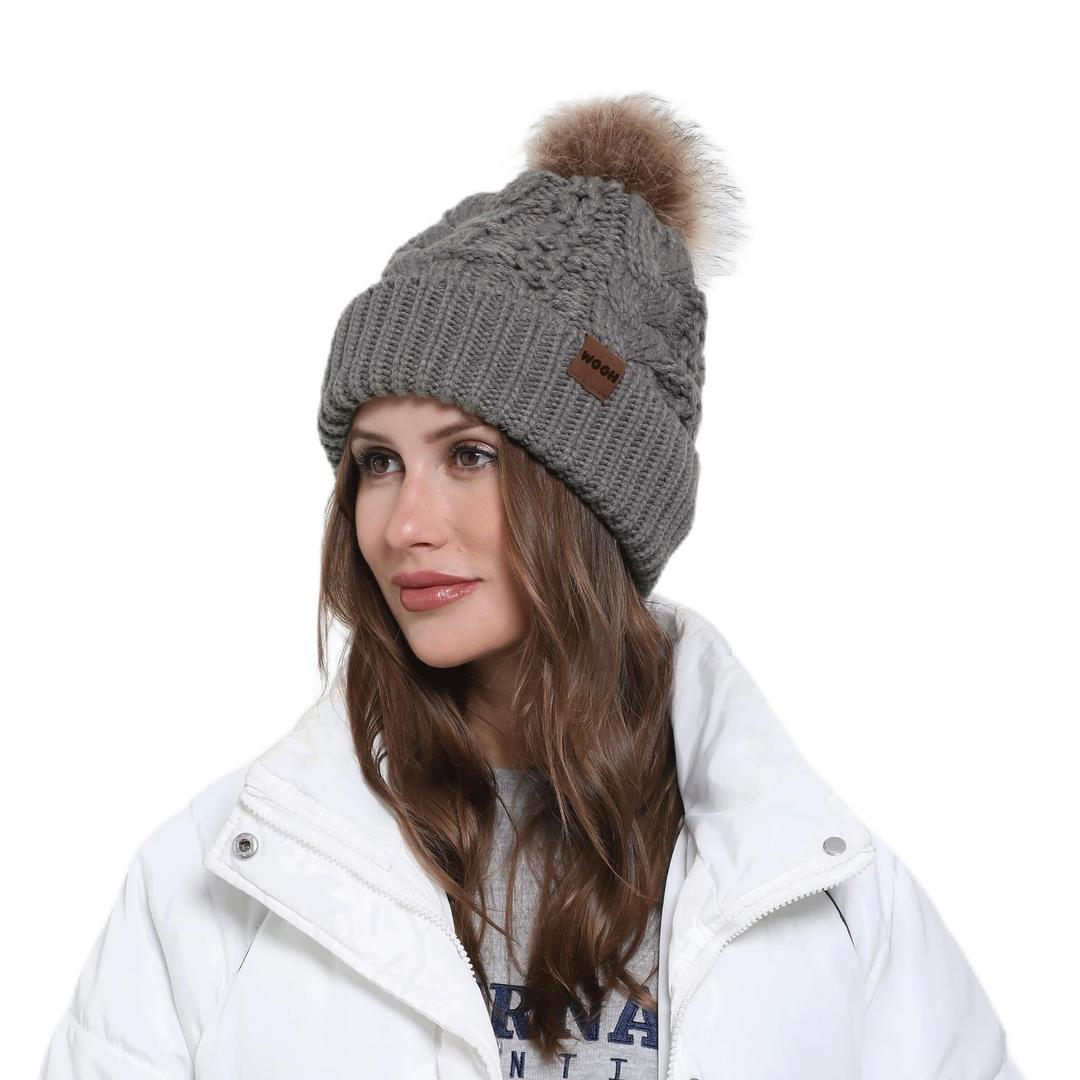 WOOH Womens Beanies for Winter,Knit Hat with Faux Fur Pom Pom Beanie for Women,Warm Fleece Lined,Less Static