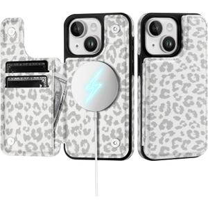 SkyEagle for iPhone 15 Wallet Case with Card Holder Compatible with Magsafe Kickstand RFID Blocking Flip Cover Credit Card Slots PU Leather Men Women Phone Case for Apple 15 6.1",Leopard-White