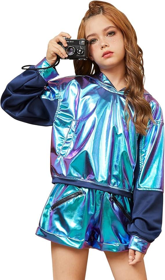 Jxstar Girls Metallic Hoodies Shiny Pullover Long Sleeve Sweatshirts Cropped Top Sparkly Club Wear Rave Disco Dance Outfits Size 140 8-9