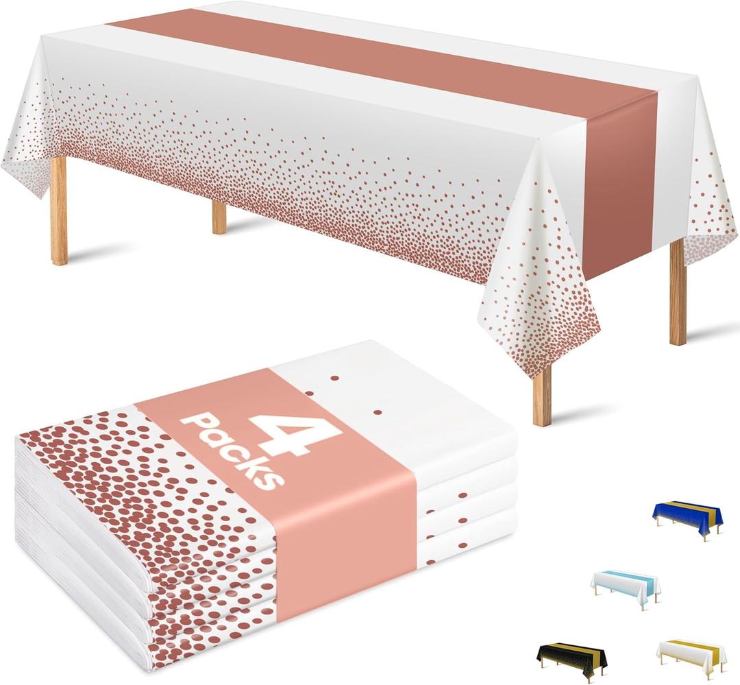 OHOME 4 Pack Disposable Plastic Table Cloths,White and Rose Gold Rectangle Table Covers for Birthday Valentines Decor Pink Sweet 16 Party Decorations - Baby Shower Decorations for Girl 54" x 108"