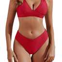 Women's Red Bikini Sets Sexy V Neck Criss Cross Back Two Piece Swimsuit Cheeky High Cut Thong Bathing Suit S