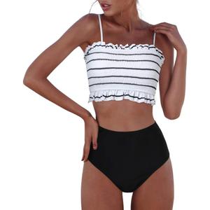 RXRXCOCO Womens Shirred Bandeau Bikini Cute Two Piece Swimsuit Off Shoulder High Waist Bathing Suit White X-Large