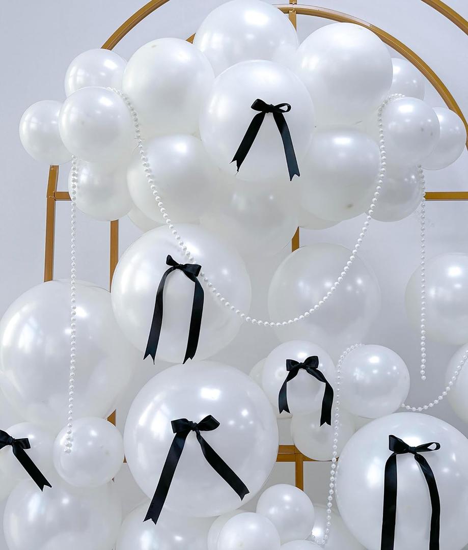 185pcs Double Stuffed Pearl White Balloon Arch Kit with Fake Beads and Black Bows in Different Sizes 18|12|10|5 In White Pearl Balloons for Birtyday Bridal shower Bat Mitzvah Decor