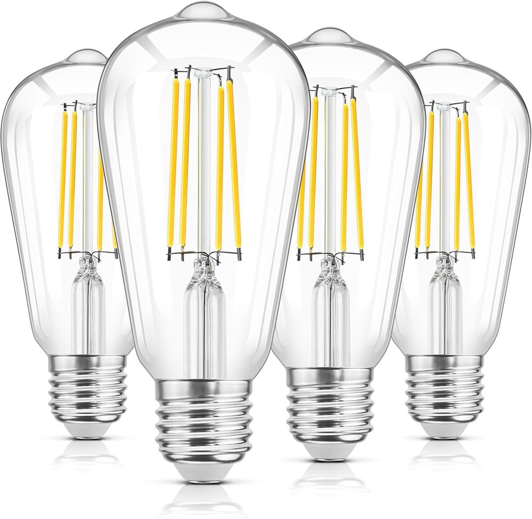 WIHTU LED Edison Light Bulbs, Vintage 6W LED Bulb 60W Equivalent, St58 4000K Daylight Soft White with CRI 85+, E26 Standard Base, 900LUM, Non-Dimmable, Clear Glass, Pack of 4