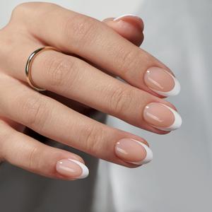 BTArtbox Press On Nails Short - Extra Short Almond French Tip Press On Nails Nude, Fake Nail with Nail Glue, Natural Reusable 32pcs Fake Nails Kit
