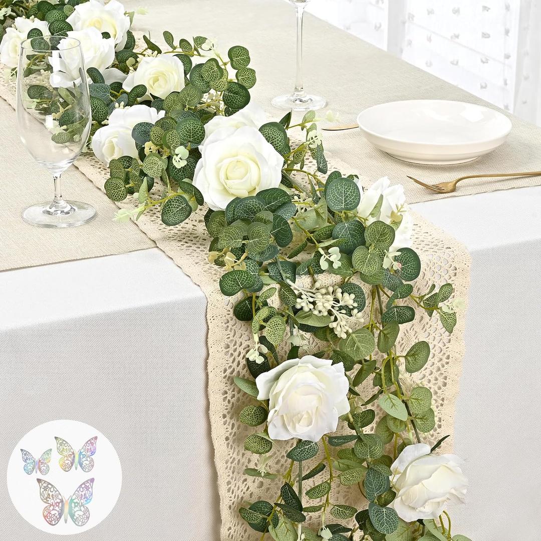 Yastouay 6.6 Ft White Flower Garland with 3D Butterfly, Artificial Eucalyptus Garland with Flowers Fake Rose Vine for Table Centerpiece Wedding Arch Baby Shower Party Room Backdrop Decor