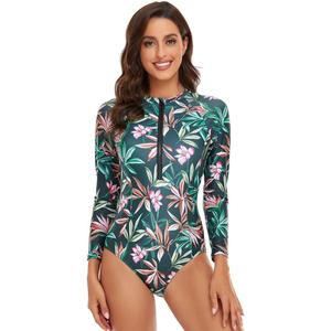 ABAFIP Women's Long Sleeve Rash Guard Bathing Suit Zip up One Piece Swimsuits Modest Surfing Swimwear,L