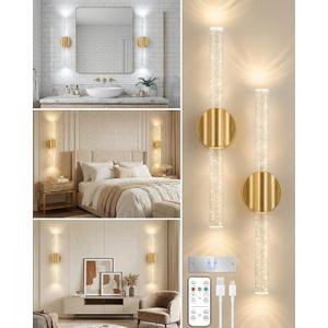Peel and Stick on Wall Sconce set of 2, No Drill Gold Wireless Magnetic Battery Operated Wall Lights with Remote & Touch Control, Dimmable Cordless Wall Lamps for Bedroom Living Room Bathroom Decor