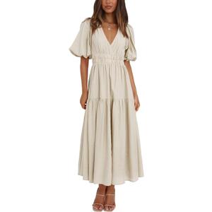 Lucrosun Women's Summer V Neck Short Puff Sleeve A Line Tiered Midi Dress (Apricot-S)