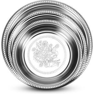 3 Pack Round Serving Trays Stainless Steel Large Silver Serving Platter 15.75" 13.78" 11.8" Circle Mirror Metal Tray Set for Party Kitchen Home Decoration Housewarming Gifts(Floral Engraved)