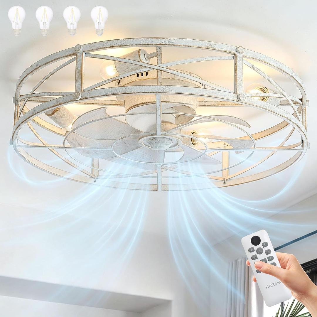 24" Caged Low Profile Ceiling Fan with Light, 6 Speeds, Farmhouse Flush Mount Ceilings Fans with Lights and Remote, White Brush Gold Ceiling Fixture for Bedroom Kitchen