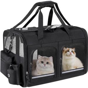 Groxkox Cat Carrier for 2 Cats, Foldable Double Cat and Dog Carrier, Small to Medium Size, 2 Front Zippered Compartments,Two Pets Carrier for Outdoor Travel,Mulitple Cat Carrier (Black)