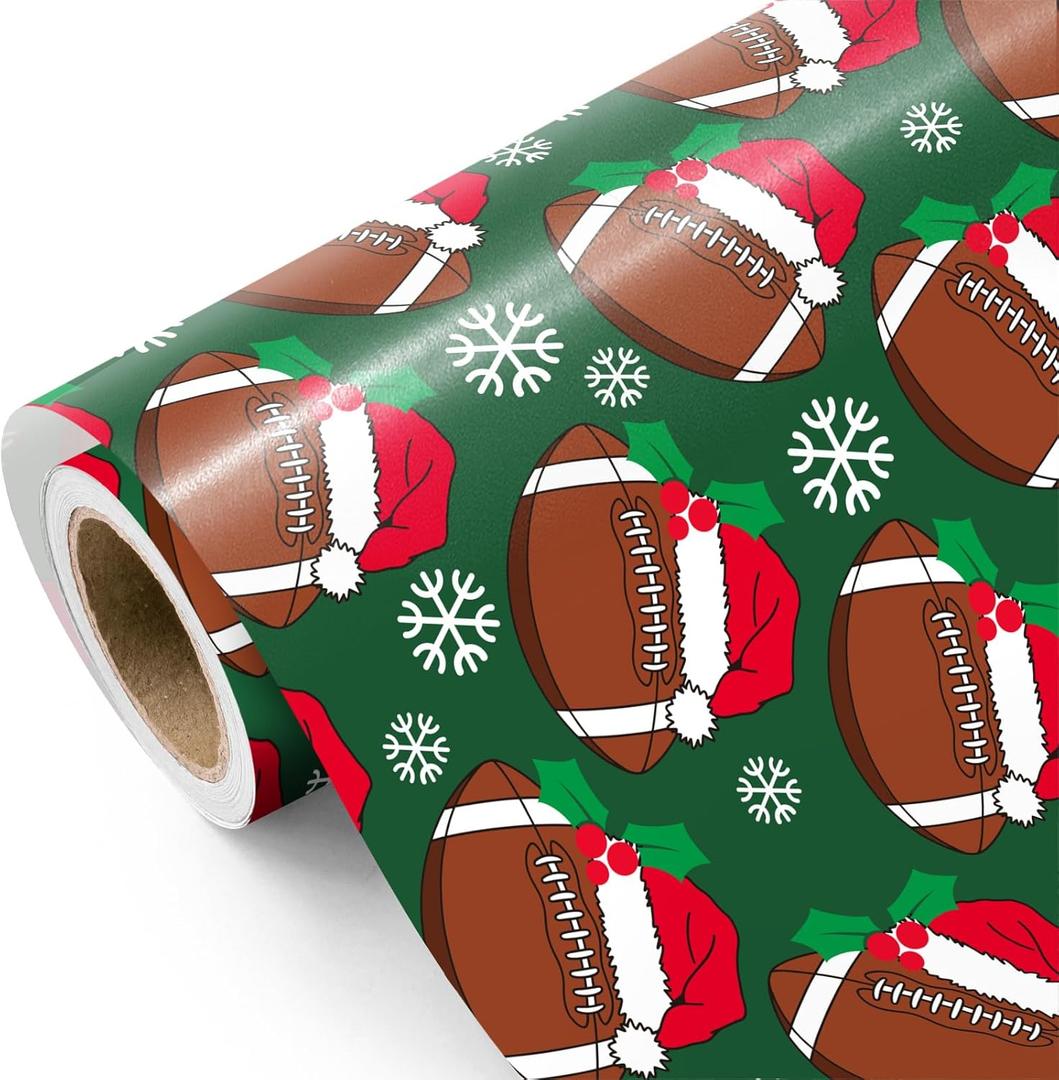 WRAPAHOLIC Football Christmas Wrapping Paper - Mini Roll - 17 Inch x 16.5 Feet - Snowflakes and Santa Hat Football Wrapping Paper for Christmas, Sport Party, Holiday, Party Celebration