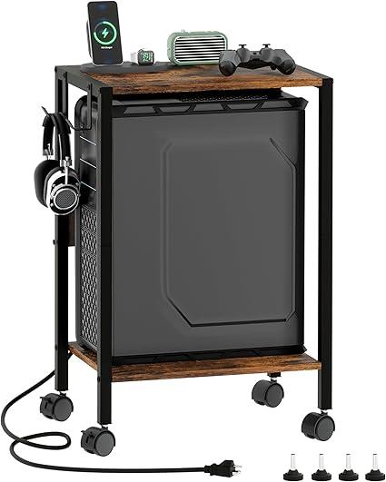 16.5" W Computer Tower Stand with Charging Station and USB Port, 2 Tier Mobile Floor PC Stand Fits Under Desk, Rolling Printer Stand with Hooks, CPU Holder Cart for Carpet, Home Office