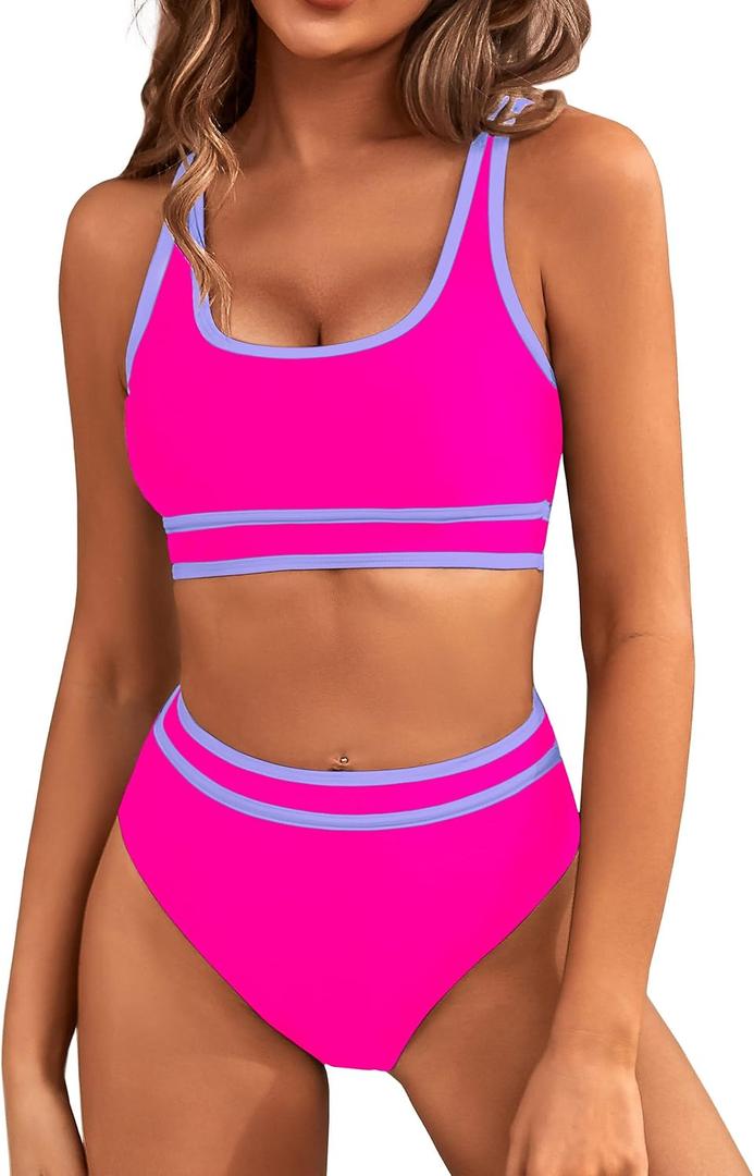 BMJL Women's High Waisted Bikini Sets Sporty Two Piece Swimsuits Color Block Cheeky High Cut Bathing Suits (Large, Hot Pink011)