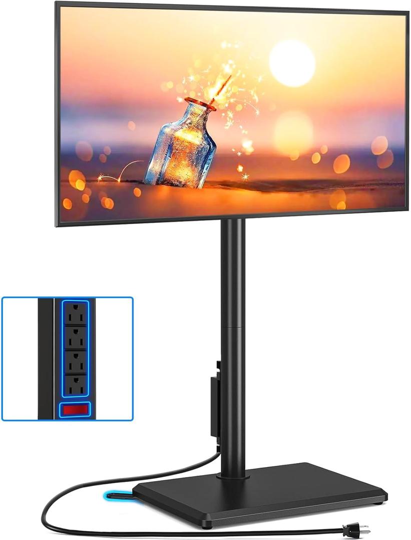 Rfiver Swivel Floor TV Stand with Power Outlet for 32-60 inch TVs, Height Adjustable Tall TV Stand with Wood Base, Hold Up to 88lbs, Saving Space Design for Bedroom, Living Room and Corner (Black)