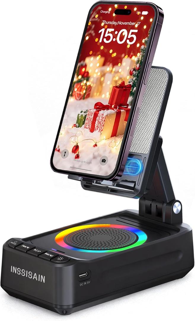 Gifts for Him Dad Men Mother's&Father's Day, Birthday Ideas for Men Women, Cell Phone Stand with Wireless Bluetooth Speaker with Wireless Induction Audio & Colorful Led Light (Black)