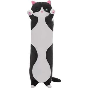 Cute Cat Plush Long Body Pillow  Soft Cartoon Stuffed Animal Doll, Kawaii Cat Plushie Cuddle Toy for Kids, Girls & Girlfriend (Black, 19.7 Inch)