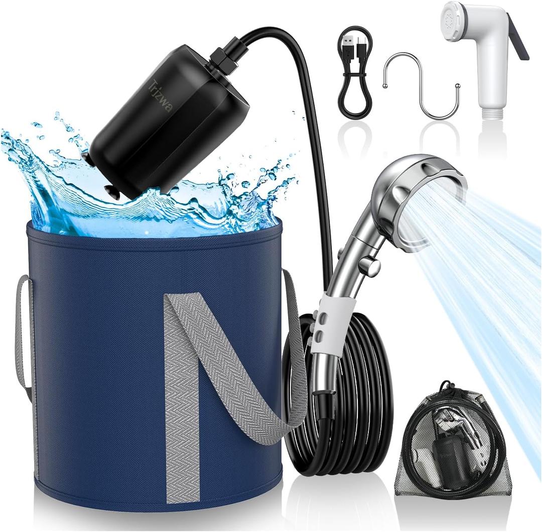 Portable Shower Camping,9000mAh Rechargeable Shower Pump with Digital Display,Adjustable Shower Head and Folding Bucket Outdoor Shower for Camp,Hiking Beach,Travel,Car Washing,Pet Bath,Garden
