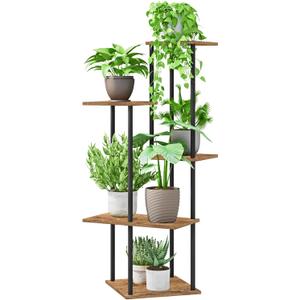 Plant Stand Indoor 5-Tier Metal Wood Plant Shelf for Multiple Flower Pots Corner Tall Flower Holders for Living Room Balcony Bedroom, Brown