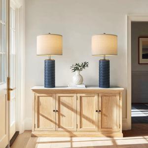 PoKat 27.5'' Tall Table Lamps for Living Room Set of 2, Ceramic Bedroom Lamps for Night Stands, Modern Bedside Lamps for Bedroom Living Room, Nightstand Lamps for Side End Table Hallway, Blue
