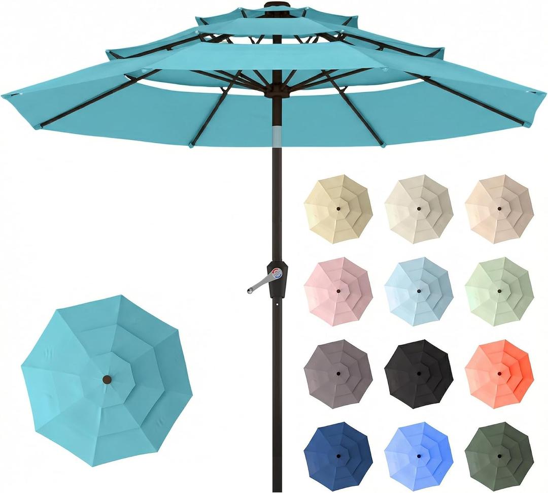 10ft Patio Umbrella, 3 Tier Outdoor Market Table Umbrellas with 8 Fiberglass Ribs and Push Button Tilt, Windproof, Vented Canopy, UV Protection for Deck, Pool, Backyard