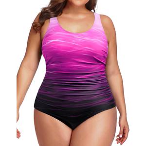 Daci Women Gradient Pink Plus Size One Piece Swimsuit Tummy Control Bathing Suit Athletic Ruched Swimwear 28 Plus