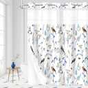 Litabel No Hook Blue Cute Floral Shower Curtain and Liner Set, Modern Fabric Shower Curtain with Snap in Liner, Watercolor Birds, Butterflies, Snails & Flower Design, 72 x 74