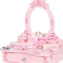 BRINJOY Wooden Vanity Set for Kids, Toddler Tabletop Beauty Salon Play Set w/ Accessories & Drawer, Princess Makeup Pretend Play Vanity Table Toy with Crown Shaped Mirror for Little Girls Age 3-8
