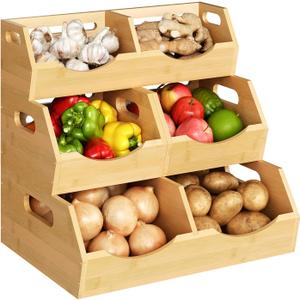 Onion Storage Bins Potato, 3 Tier Bamboo Pantry Storage Bin Stackable Ventilated Kitchen Organizer for Pantry, Countertop, Bathroom, Space-Saving, Easy Access Handle Natural Brown