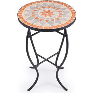 VONLUCE Mosaic Side Table and Plant Stand, 21" Round End Table with 14" Ceramic Tile Top, Indoor and Outdoor Accent Table, Porch Patio Furniture, Entryway & Coffee Table for Home & Garden, Quilt Star