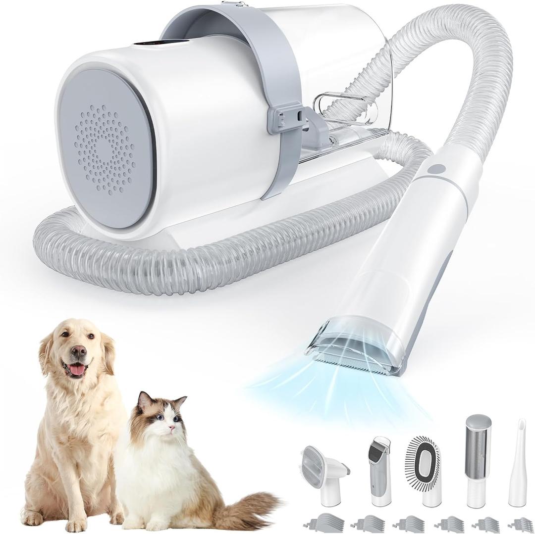 Sweetcrispy Professional Pet Grooming Vacuum Kit with Cordless Low Noise Dog Clippers, 2.5L Cup, 3 Suction Modes, and 5 Groomer Tools for Cats, Other Animals Hair Trimmer (White)