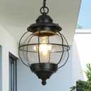 Outdoor Pendant Light Fixture, Farmhouse Globe Exterior Hanging Lights with Adjustable Chain, Black Ceiling Outdoor Lantern Light with Seeded Glass for Front Door, Entry, Porch, and Gazebo