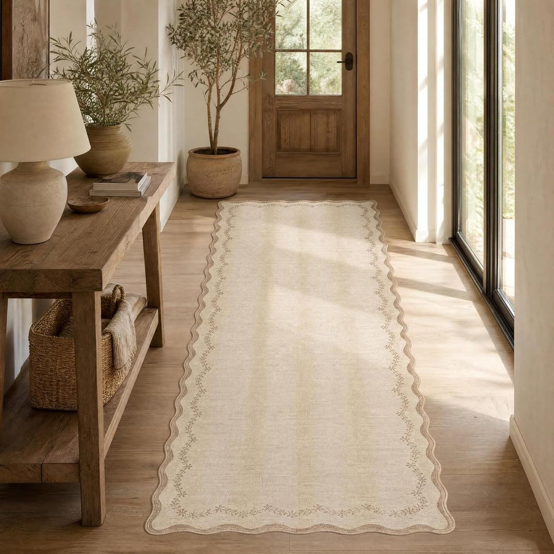 GarveeHome 2.5x8 Scalloped Washable Runner Rug for Kitchen, Soft Jute Long Hallway Runner Non Slip Entryway Rug Farmhouse Thin Laundry Mat Stain Resistant Carpet for Bathroom Beside Rug