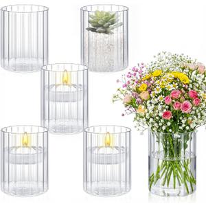 6 Pcs 4 Inch Tall Glass Ribbed Cylinder Vases Clear Floating Candle Flower Vase in Bulk, Hurricane Candle Holder for Wedding Housewarming Gift Table Centerpieces