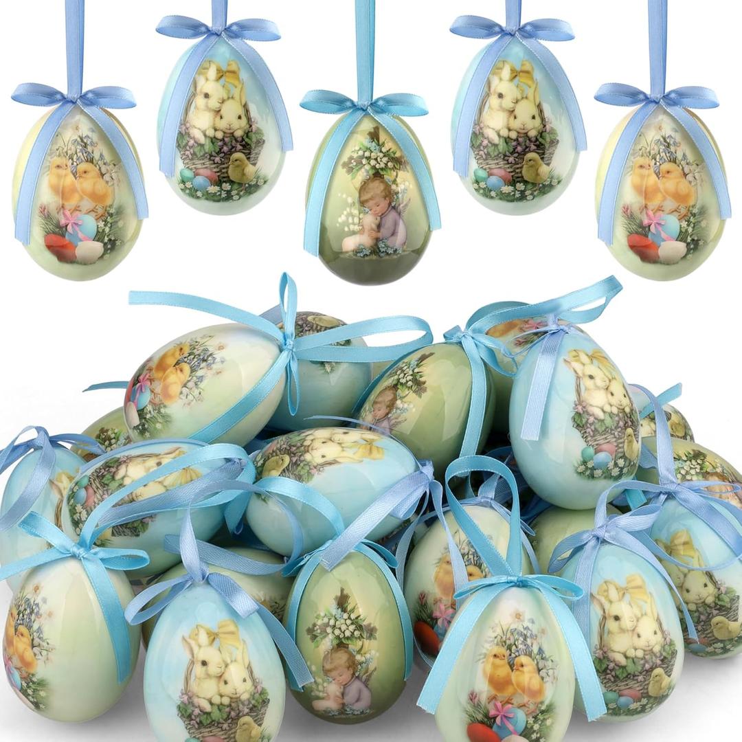 12 Pcs Hanging Easter Eggs Decorations Vintage Style Plastic Easter Tree Ornaments for Home Office Party Basket Vase Spring Wedding Table
