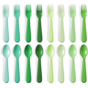 16 Pc Toddler Utensils Set - 8 Spoons 8 Forks for Kids, BPA Free Dishwasher Safe Reusable Plastic Silverware, Bright Colors Cutlery Set Children Flatware (GREEN)