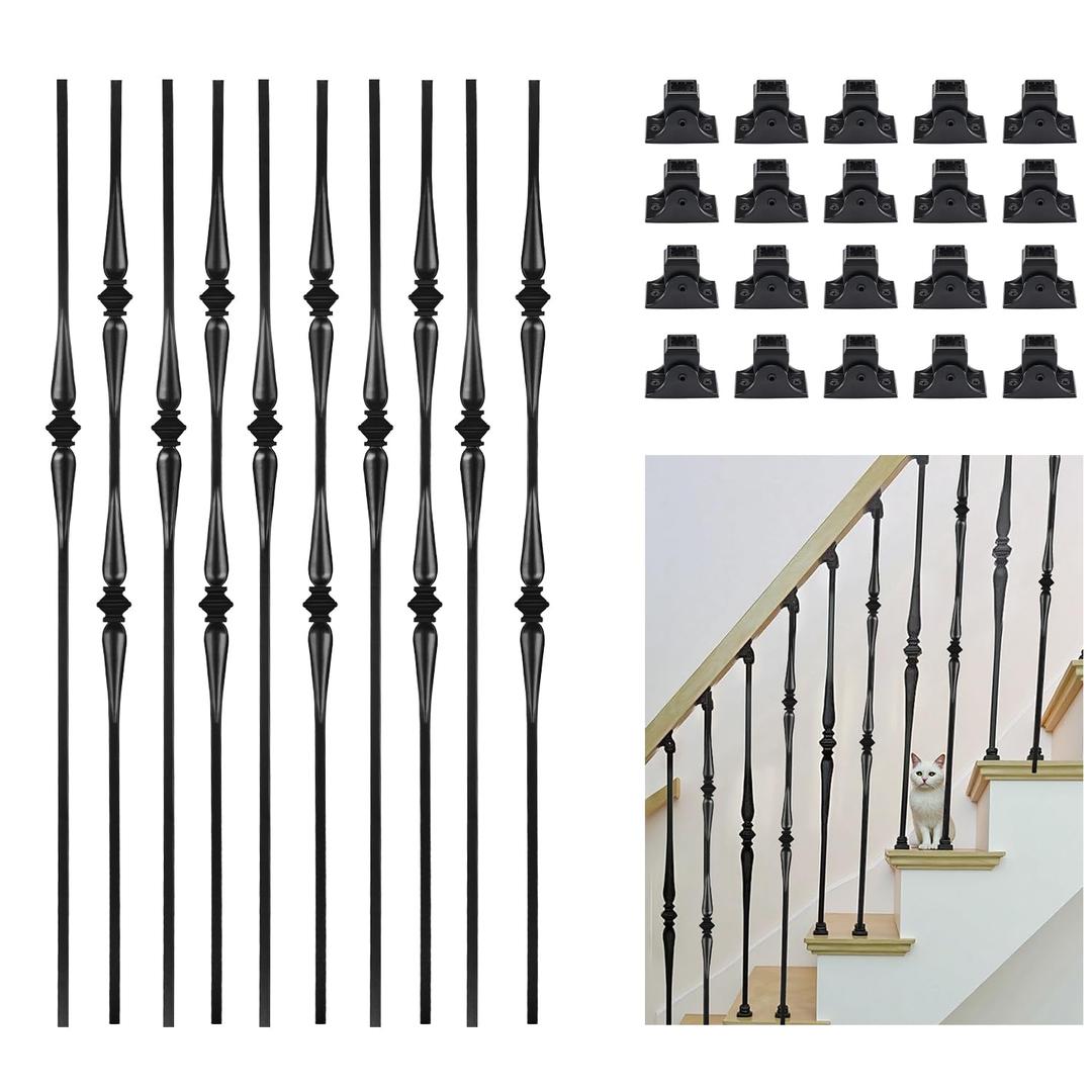 10 Pack Stair Balusters Hollow Double and Single Spoon Stair Spindles 1/2" Square Iron Balusters with 20 Swivel Shoes(A342-10)