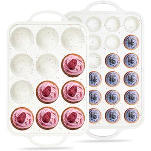 Regular 12 Cup and Mini 24 Cup Nonstick Cupcake Pan Set Silicone Muffin Pan for Baking Silicone Cupcake Mold with Metal Reinforced Frame BPA Free (2 Pcs, Cream)