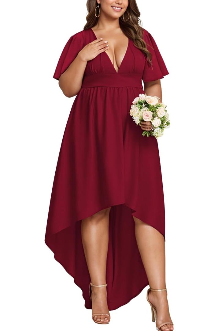 WUSENST Plus Size Wedding Guest Dress Formal High Low Dresses for Women Ruffle Short Sleeve Deep V Neck Elegant Long Gowns Wine Red (Red, XXL)