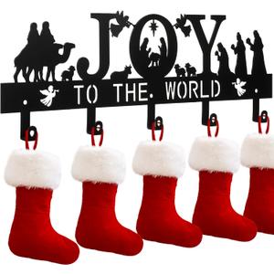 Cinnvoice Nativity Christmas Stocking Holder for Wall with 5 Hangers Metal Christmas Stocking Wall Hanger Mantel Rack Hanging Mount Hook for Holiday Xmas Fireplace Decoration, Black (Joy)