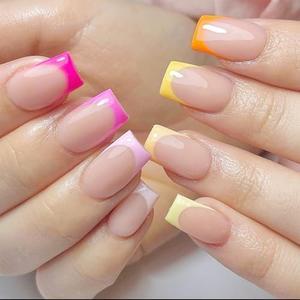 Pack of 2, Press On Nails Square, Press On Nails Short, Multicolor Glossy Nails Reusable Fake Nails For Women, Square Nude Press-on Nails Daily Wear, 24pcs Nails Kit with Glue Kitc