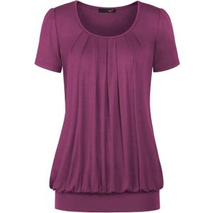 DJT Women's Summer Tops Short Sleeve Pleated Front Dressy Casual Loose Blouse T Shirts (Pink, XXL)