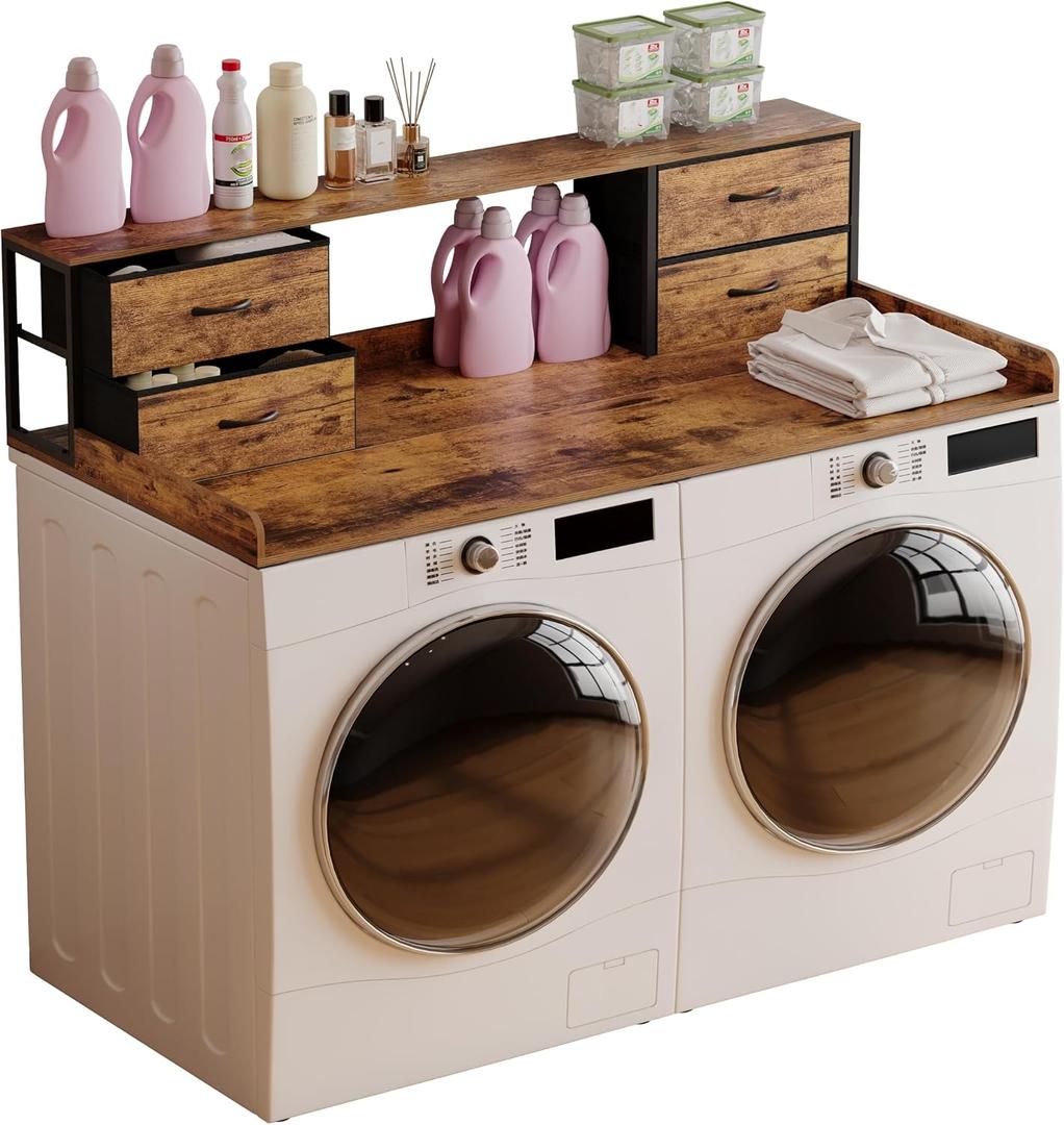 Unionly Washer and Dryer Countertop, 27.5" D x 53.9" W x 12.9" H Solid Wood Washer Dryer Countertop with Organizer Shelves with Four Drawers for Laundry Room Organization (Rustic Brown)