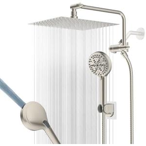 12" All Metal Shower Head, High Pressure 10-Spray Handheld Showerhead Rainfall Shower Head Combo with 11" Adjustable Shower Extension Arm, 71" Hose, Shower Head Holder, Brushed Nickel