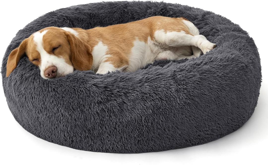 Bedsure SupportMax™ Calming Dog Bed Medium Size Dog - 30in Donut Round Washable Medium Pet Bed, Anti-Slip＆Removable Cover,420GSM Anti-Anxiety Fluffy Plush Faux Fur,Fits up to 45 lbs Pets