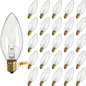 Oviejo 25 Pack Clear Torpedo Tip Replacement Bulbs, 7 Watt C26 Incandescent Bulbs for Electric Candle Lamps, Window Candles, Chandeliers, E12 Candelabra Base Light Bulbs
