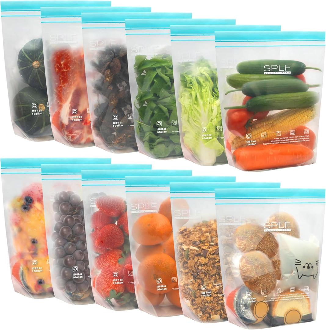 SPLF 12 Pack Reusable Gallon Freezer Bags Dishwasher Microwave Safe, 1 Gallon BPA Free Leakproof Food Storage Bags, Silicone Free Containers for Meal Prep, Fridge Kitchen Organization