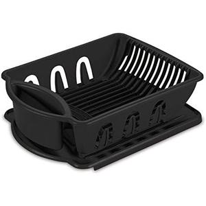 Tribello Sink Dish Drying Rack, Heavy Duty Hard Plastic Drying Rack, Dish Drainer for Kitchen Counter with Drainboard Set, with Silverware Holder - 18 x 13 x 6 (Black) - Made in USA